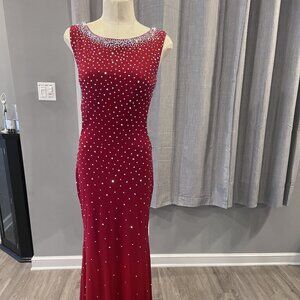 Red Jovani Backless 63563 Embellished Jersey Prom Dress